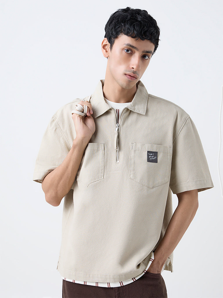 Nuon Beige Relaxed-Fit Cotton Quarter-Zip T-Shirt