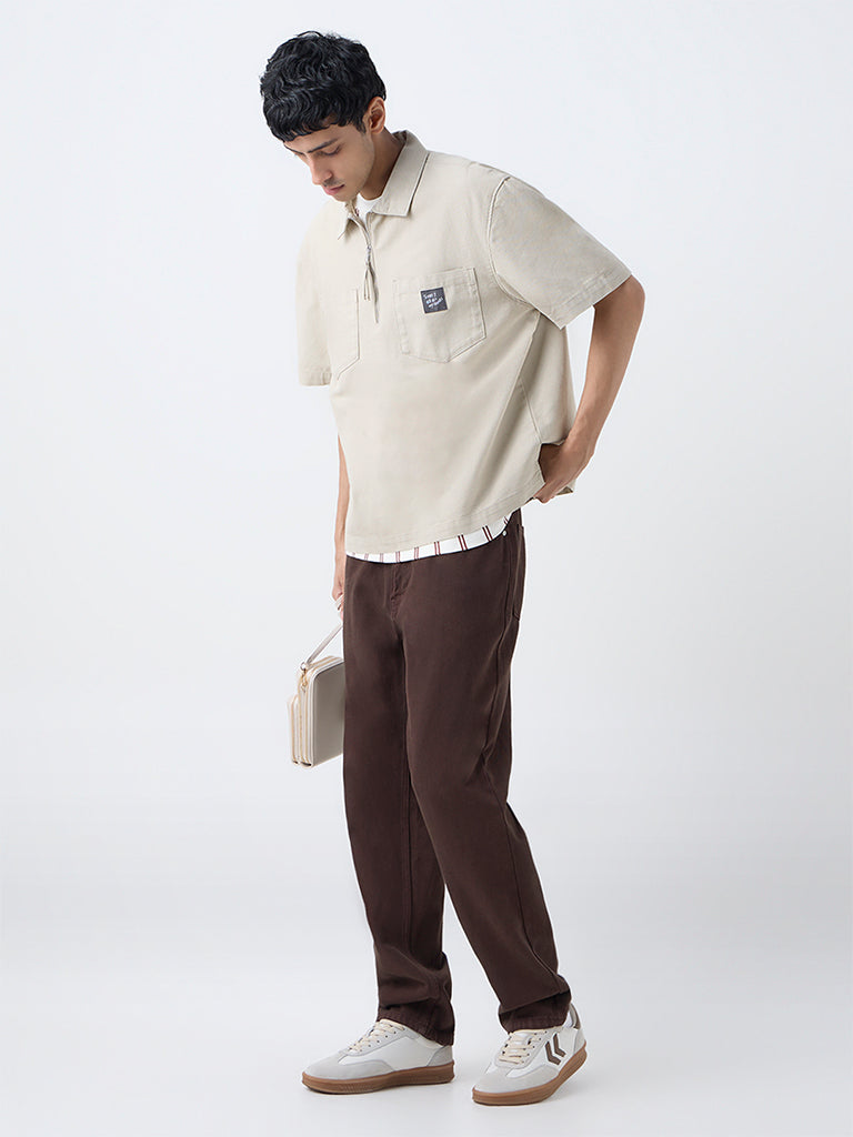 Nuon Beige Relaxed-Fit Cotton Quarter-Zip T-Shirt