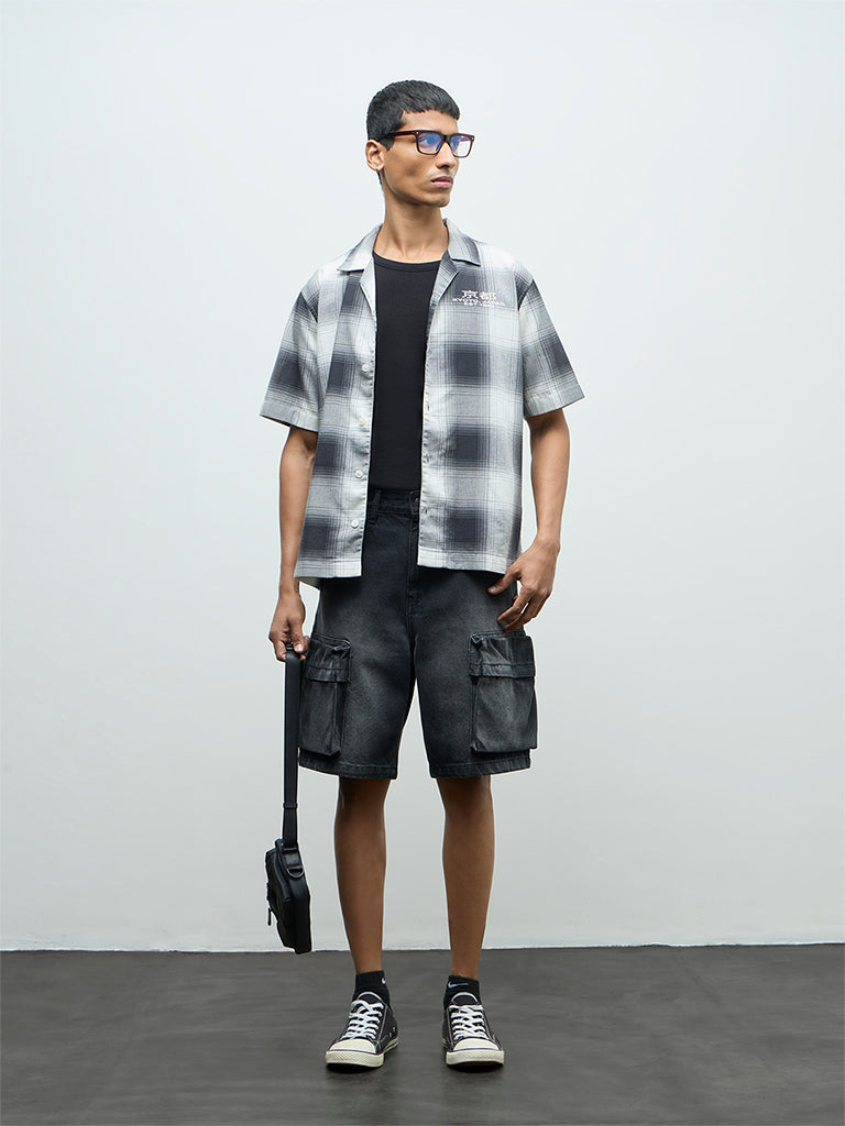 Nuon Black Checks Pattern Relaxed-Fit Cotton Shirt