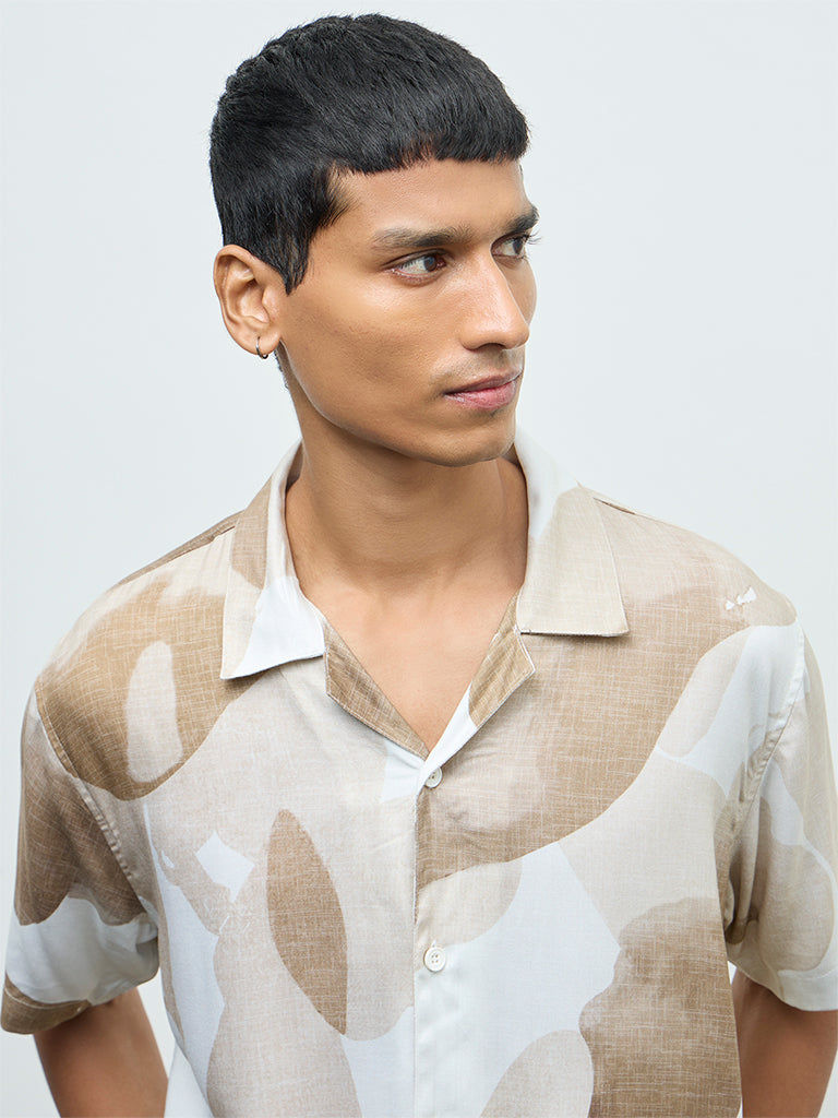 Nuon Brown Abstract Printed Relaxed-Fit Shirt