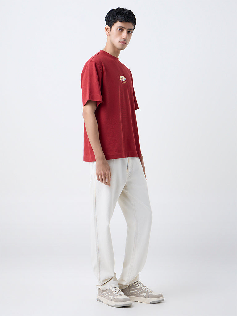 Nuon Red Printed Relaxed-Fit Cotton-Blend T-Shirt