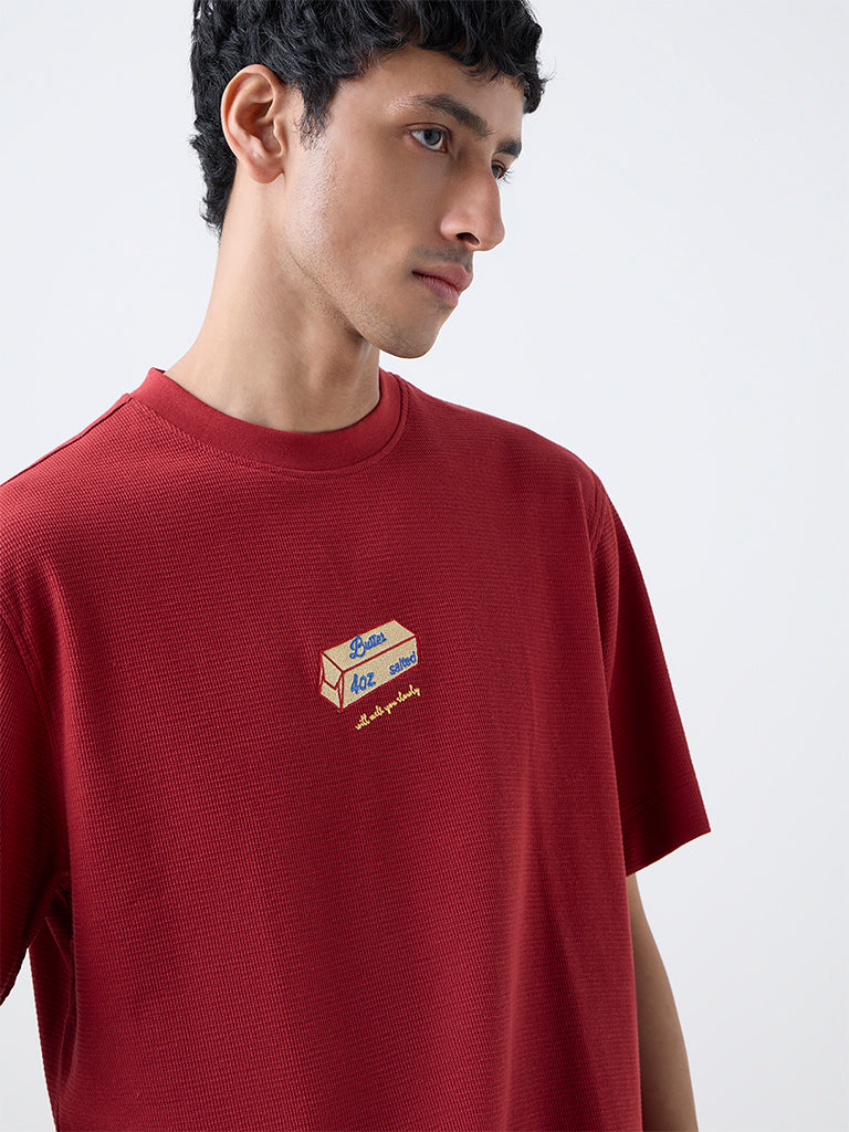 Nuon Red Printed Relaxed-Fit Cotton-Blend T-Shirt