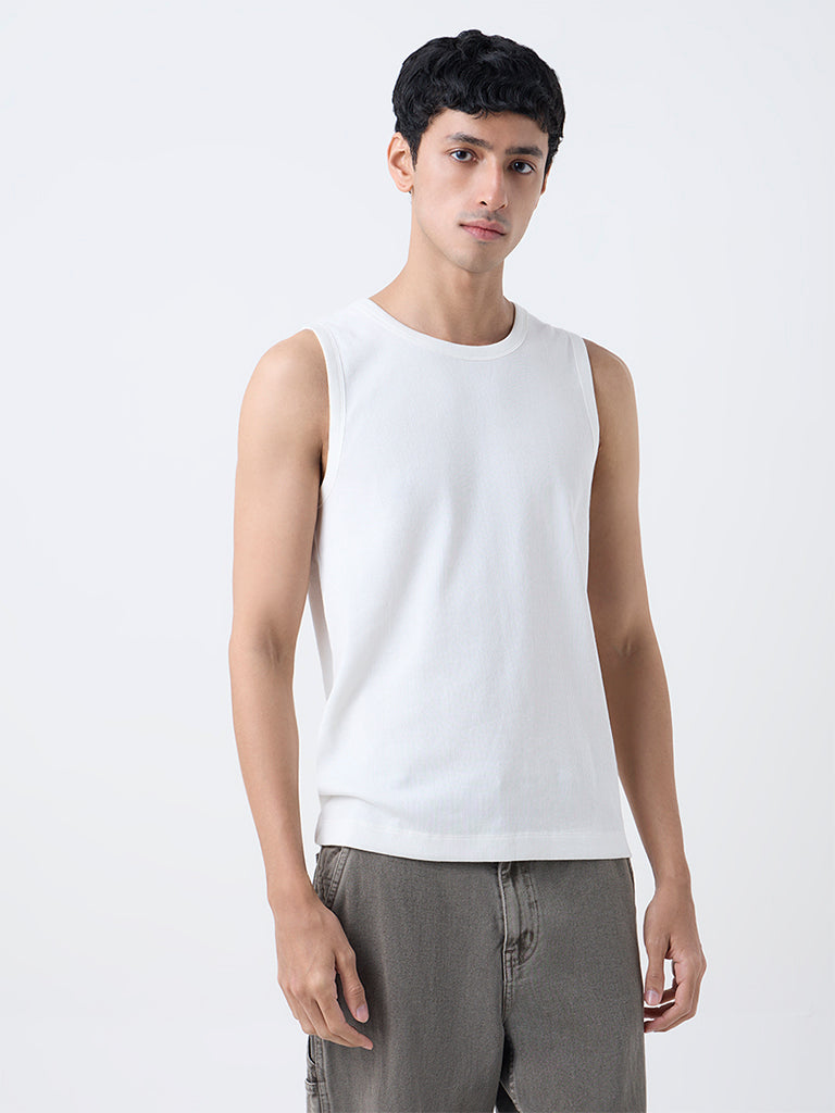 Nuon White Ribbed Slim-Fit Cotton-Blend T-Shirt