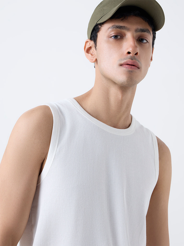 Nuon White Ribbed Slim-Fit Cotton-Blend T-Shirt