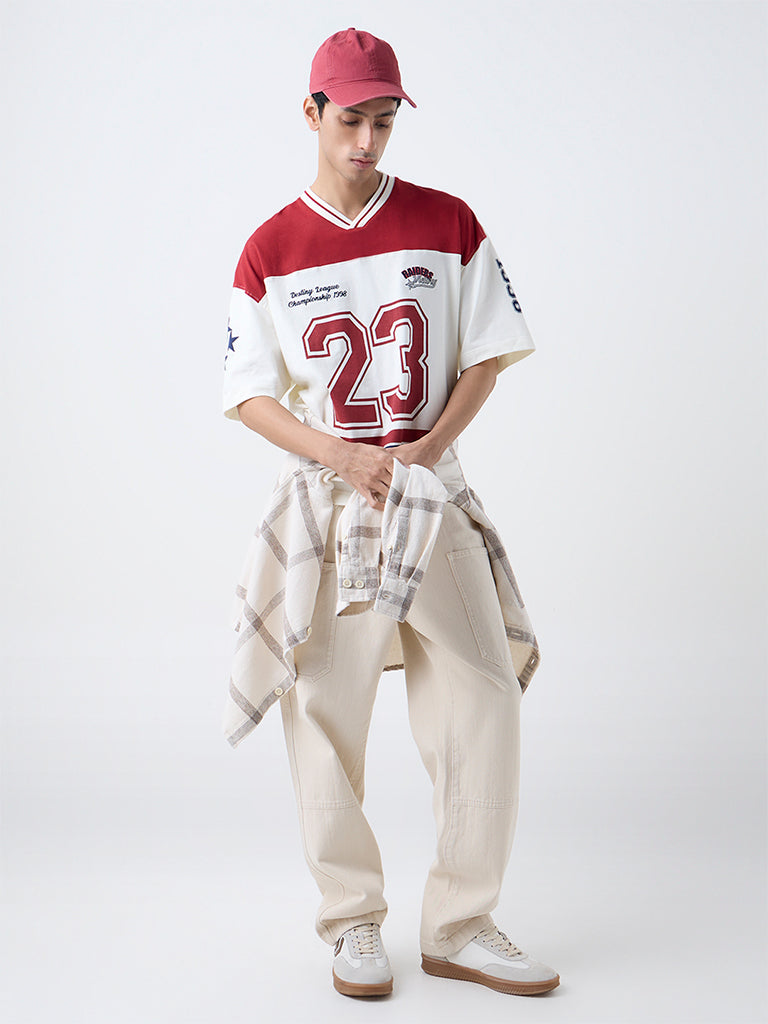 Nuon Red Printed Relaxed-Fit Cotton T-Shirt