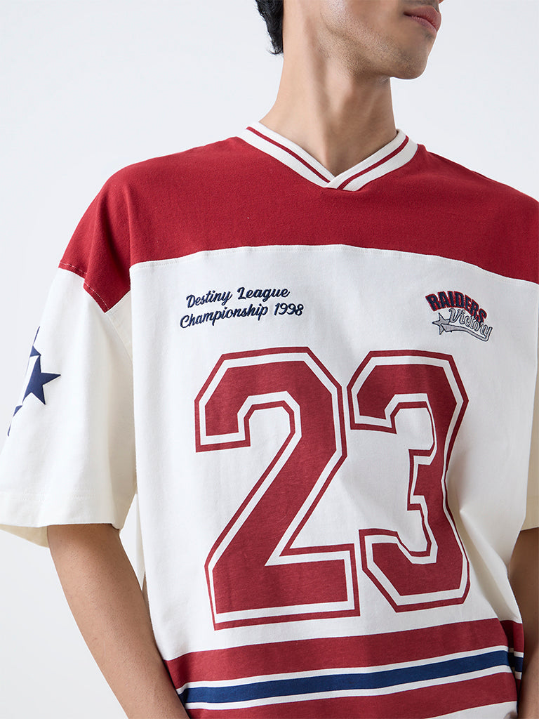 Nuon Red Printed Relaxed-Fit Cotton T-Shirt