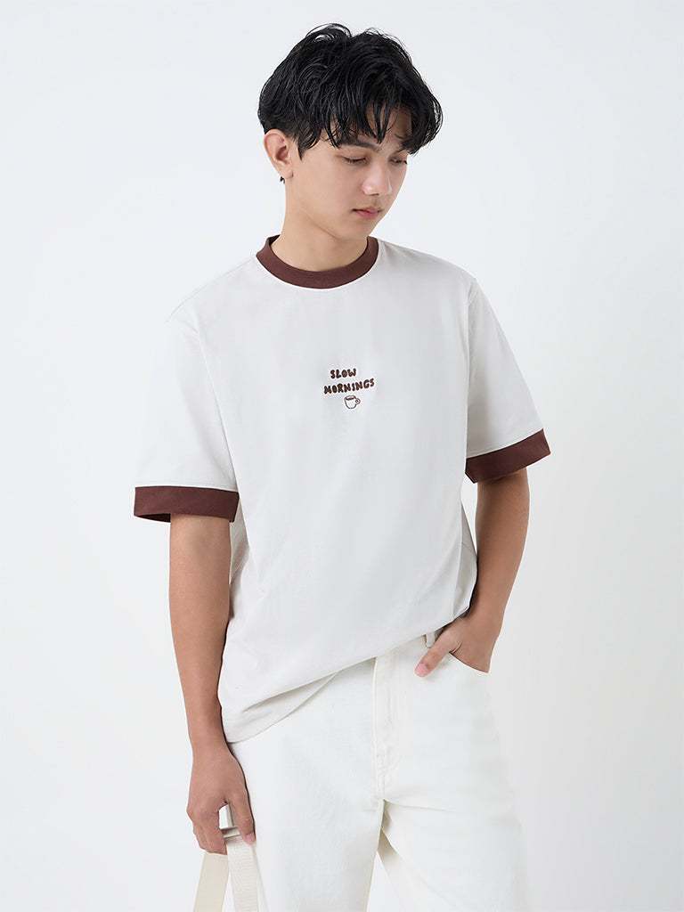 Nuon Off-White Text Design Relaxed-Fit Cotton T-Shirt