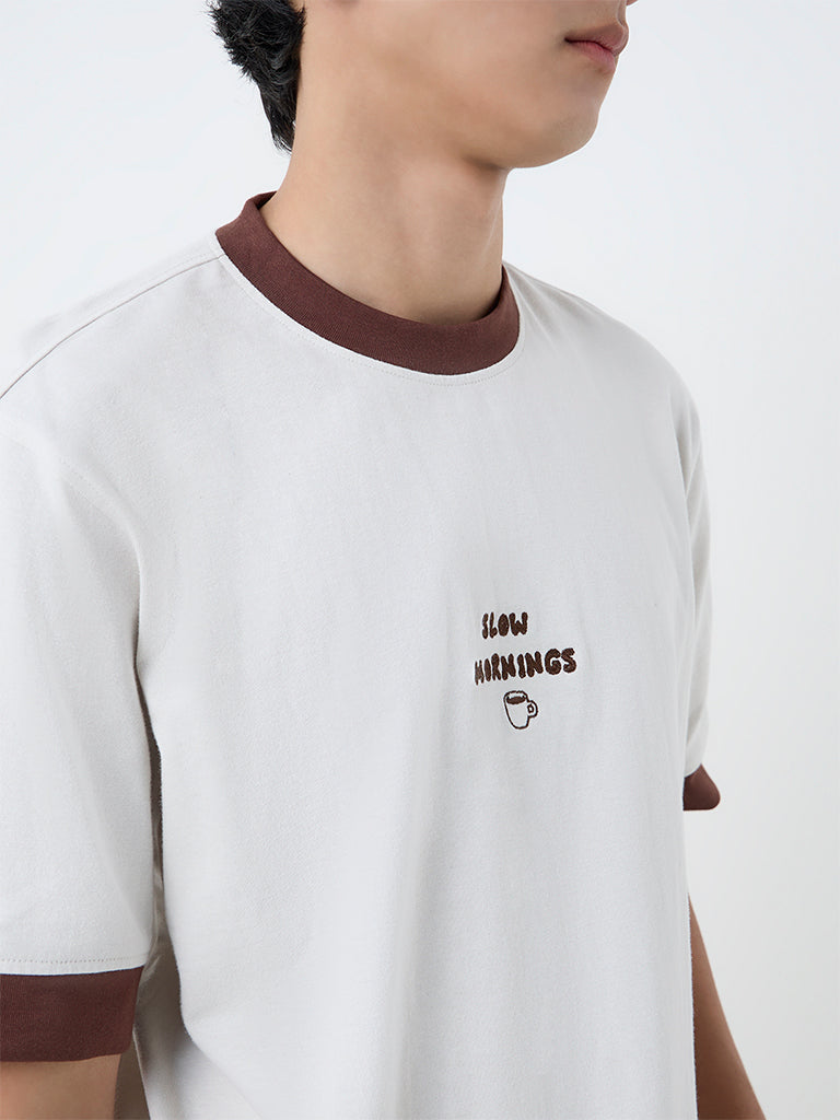 Nuon Off-White Text Design Relaxed-Fit Cotton T-Shirt