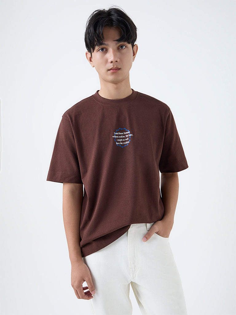 Nuon Dark Brown Printed Relaxed-Fit Cotton T-Shirt
