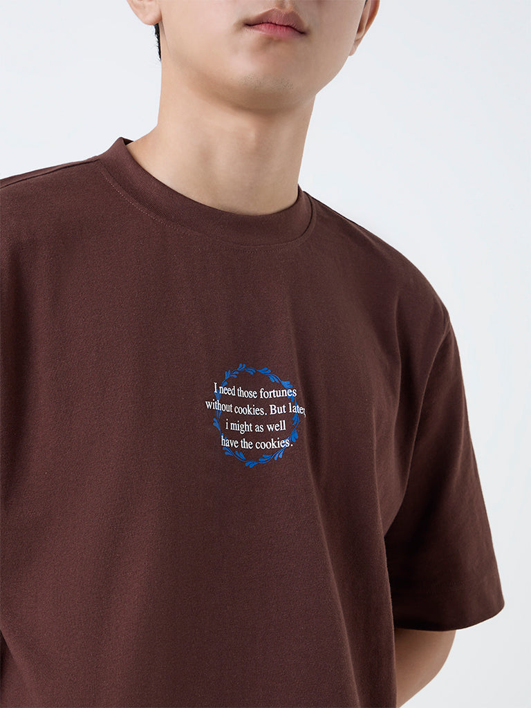 Nuon Dark Brown Printed Relaxed-Fit Cotton T-Shirt
