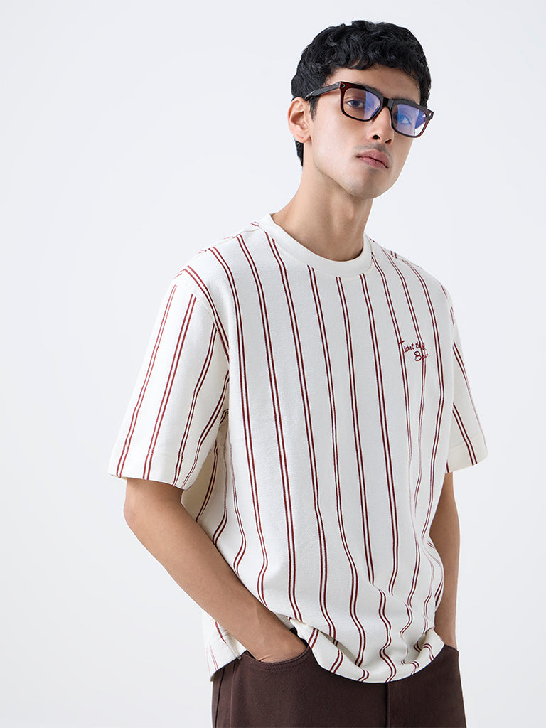 Nuon Off-White Striped Relaxed-Fit Cotton T-Shirt