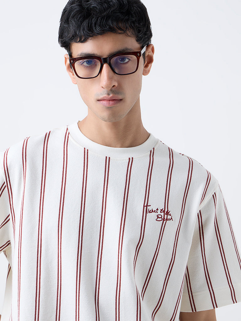 Nuon Off-White Striped Relaxed-Fit Cotton T-Shirt