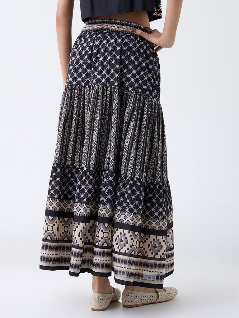 Bombay Paisley Black Printed Tiered Cotton Skirt