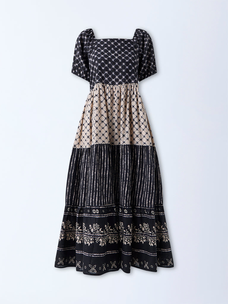 Bombay Paisley Black Printed Cotton Tiered Dress