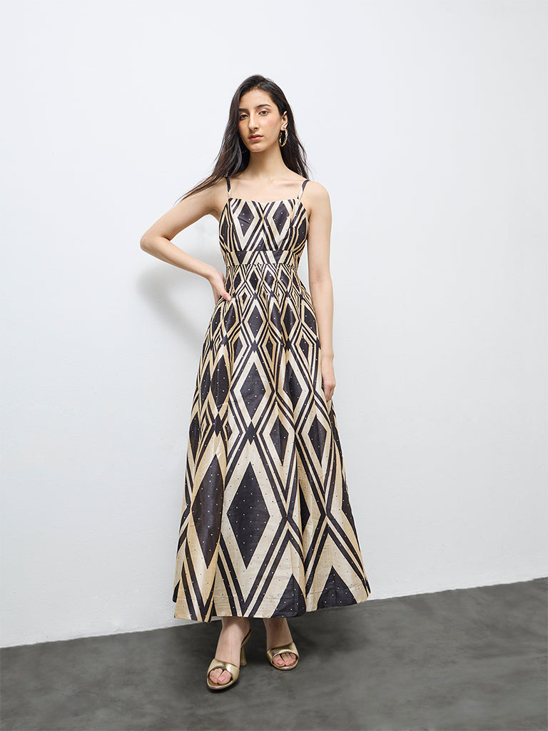 Vark Black Geometric Printed A-Line Dress