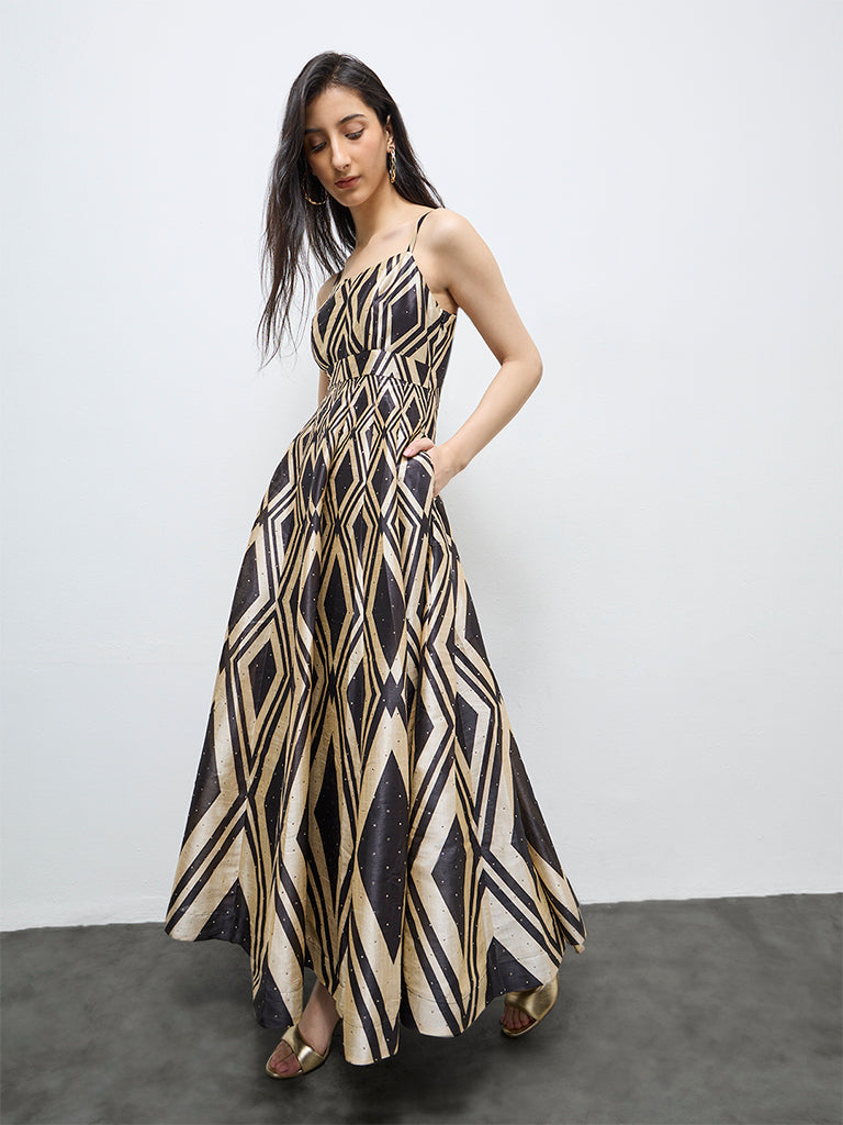 Vark Black Geometric Printed A-Line Dress