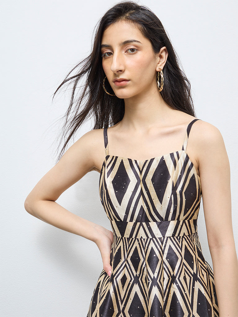 Vark Black Geometric Printed A-Line Dress