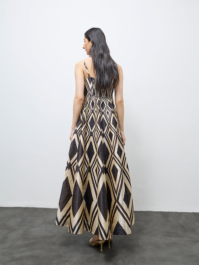 Vark Black Geometric Printed A-Line Dress