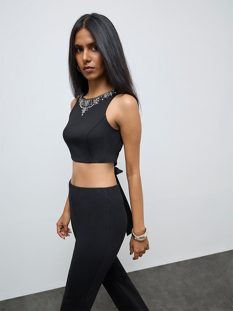 Vark Black Embellished Tie-Up Cotton Top