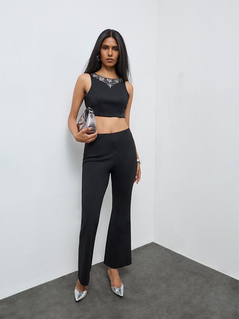 Vark Black Embellished Tie-Up Cotton Top