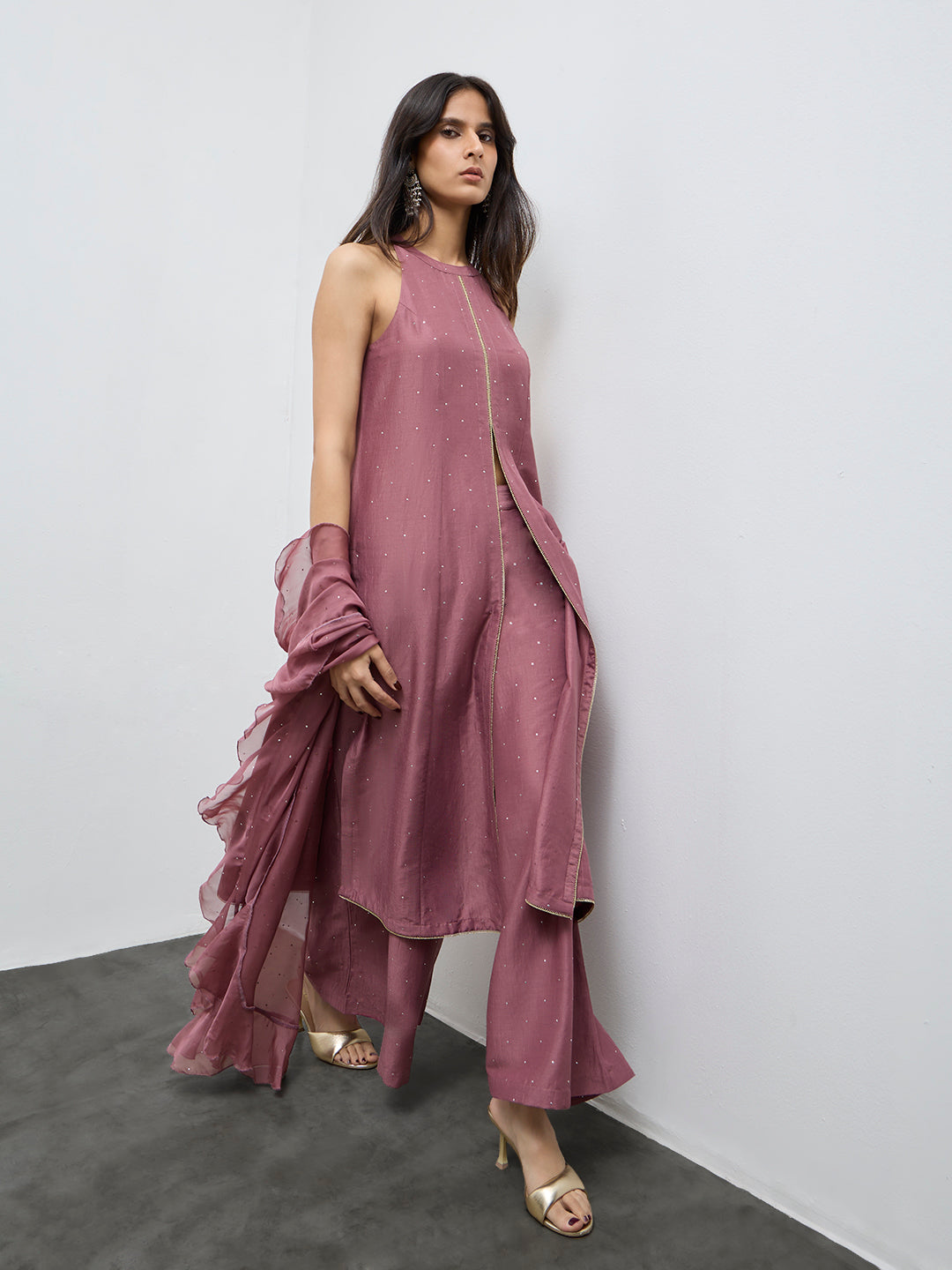 Vark Dusty Pink Embellished A-Line Ethnic Set