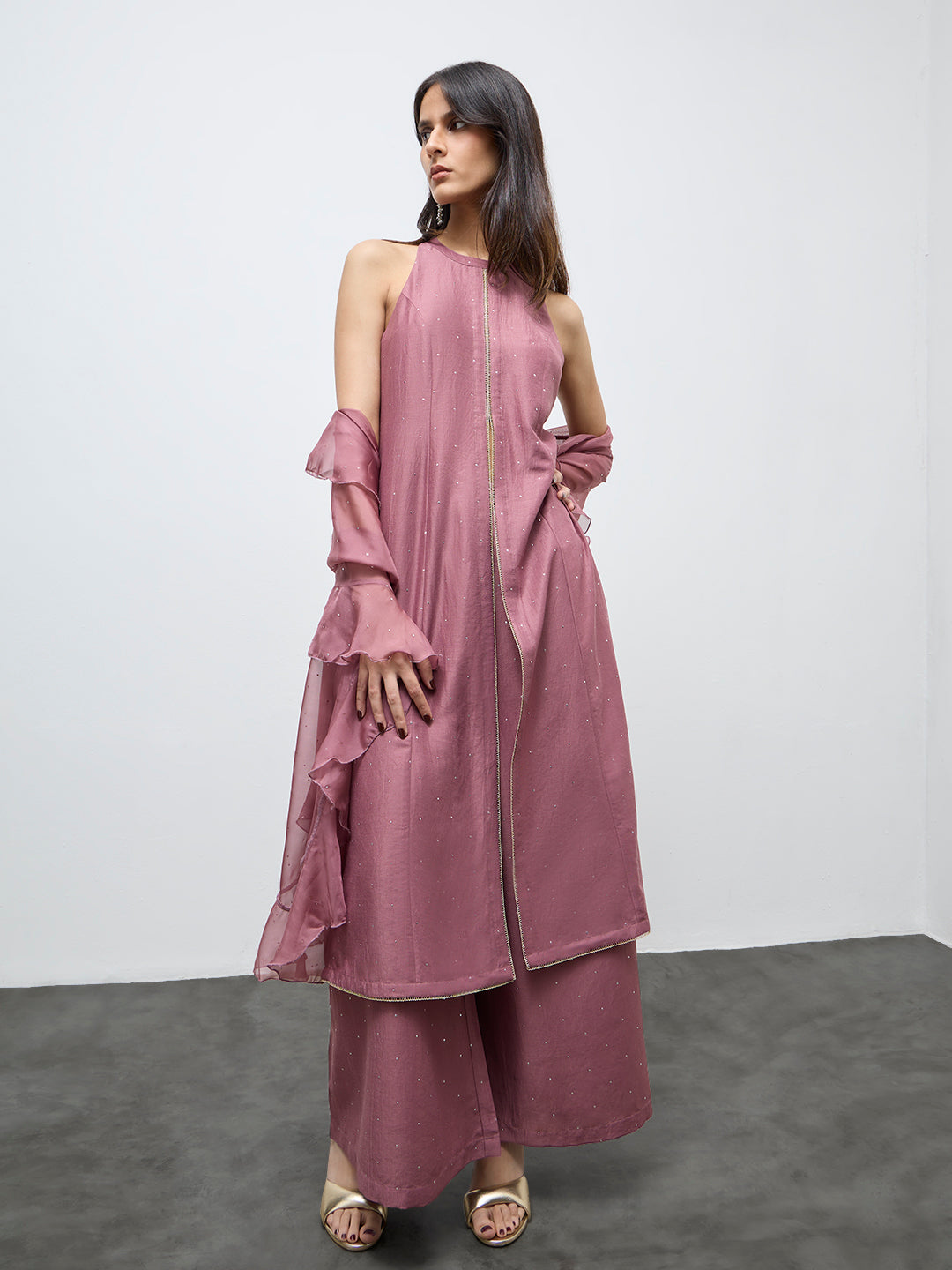 Vark Dusty Pink Embellished A-Line Ethnic Set