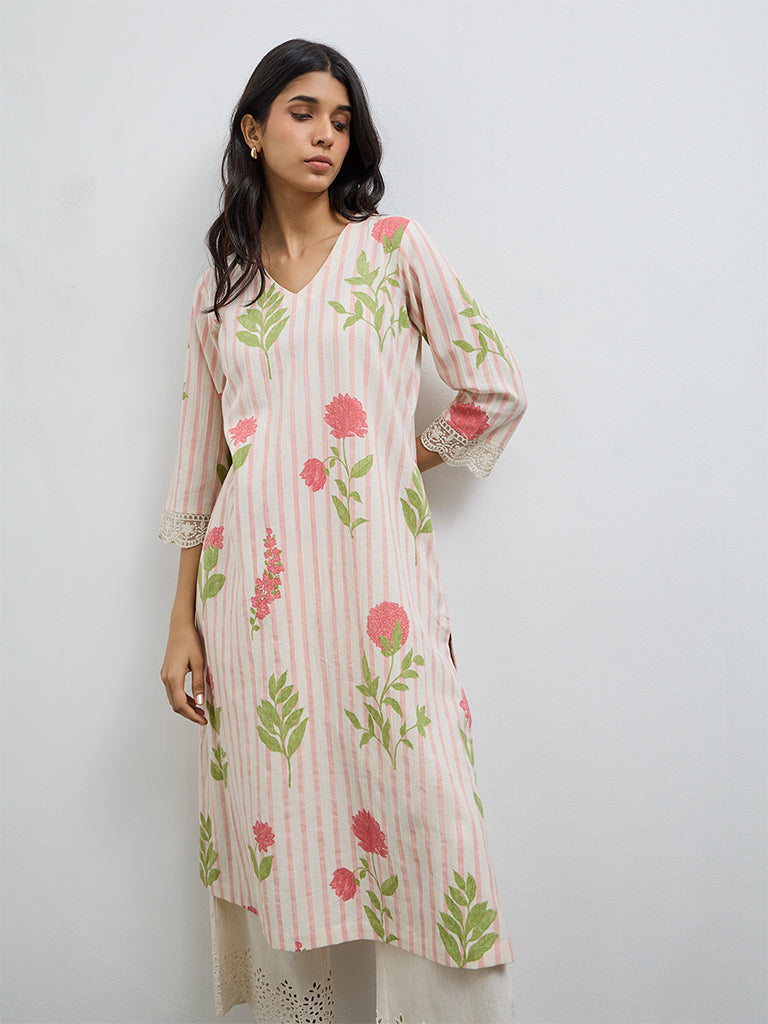 Utsa Coral Floral Pattern Cotton-Blend A-Line Kurta