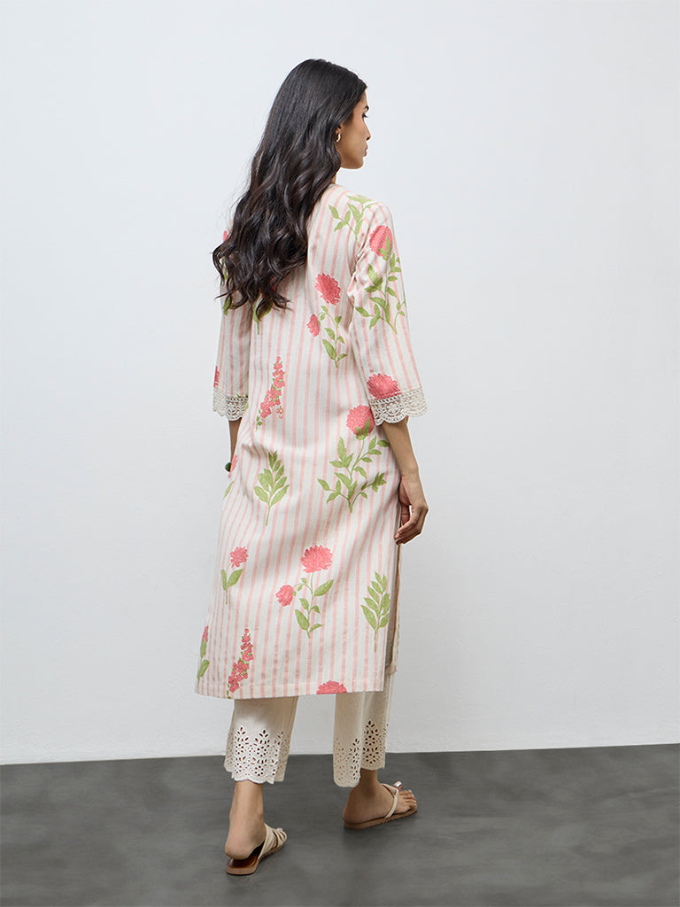 Utsa Coral Floral Pattern Cotton-Blend A-Line Kurta
