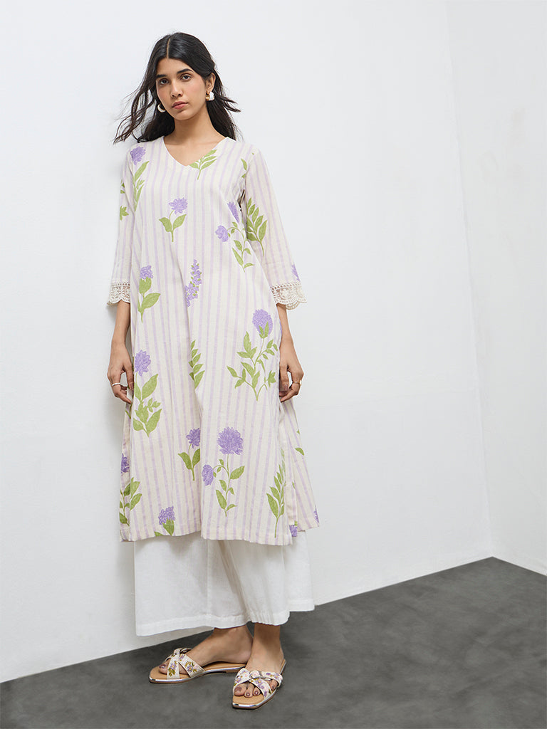 Utsa Purple Floral Printed A-Line Cotton Kurta