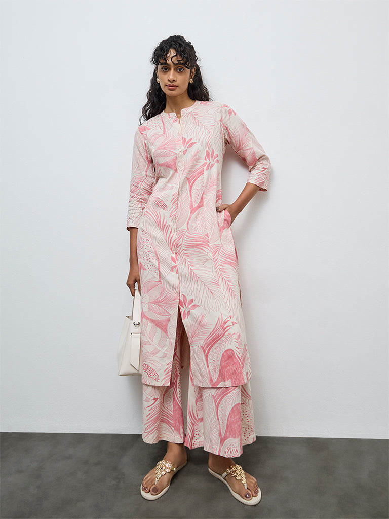 Utsa Pink Foliage Printed A-Line Kurta