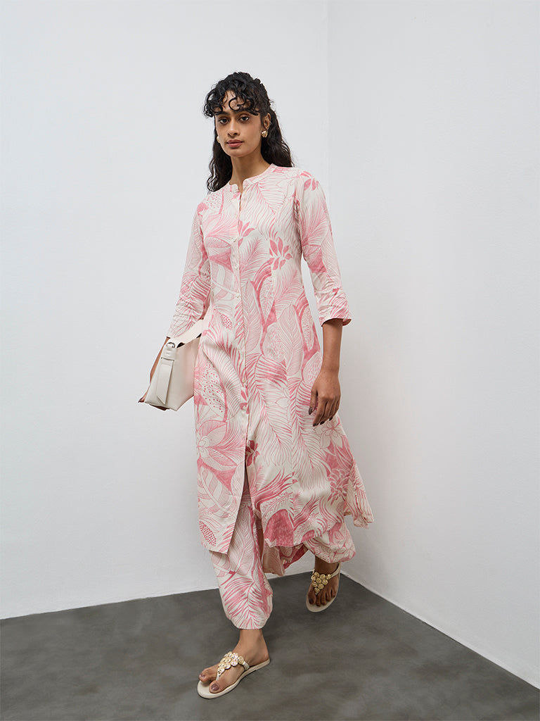 Utsa Pink Foliage Printed A-Line Kurta