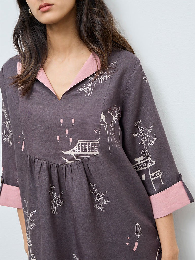 Zuba Charcoal Printed A-Line Kurta
