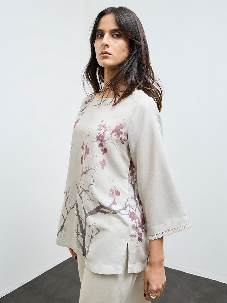 Zuba Light Beige Floral Pattern Tunic