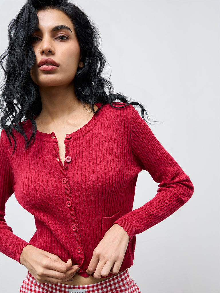 Superstar Red Cable-Knit Cotton Cardigan