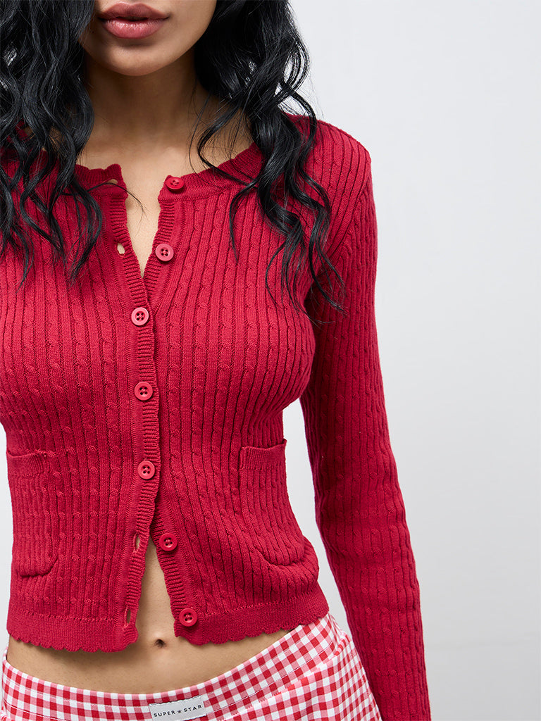 Superstar Red Cable-Knit Cotton Cardigan