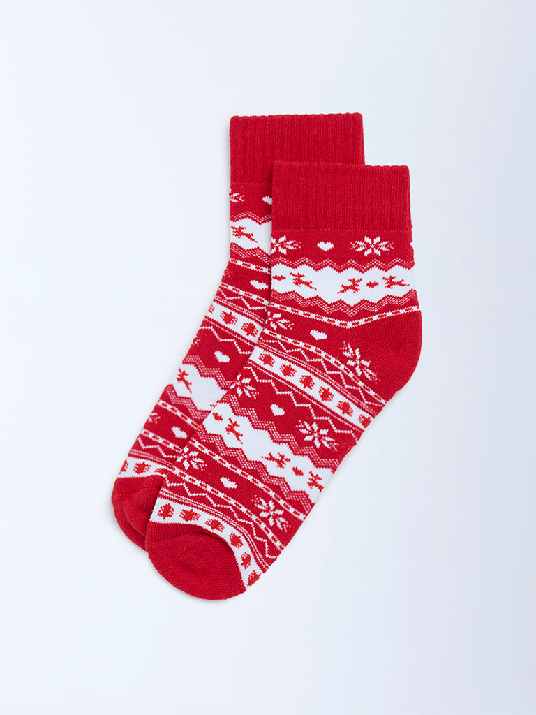 Wunderlove Red Christmas-Themed Cotton-Blend Socks