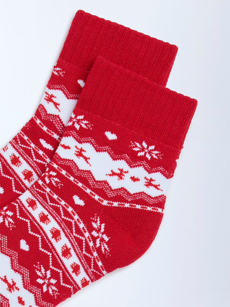 Wunderlove Red Christmas-Themed Cotton-Blend Socks