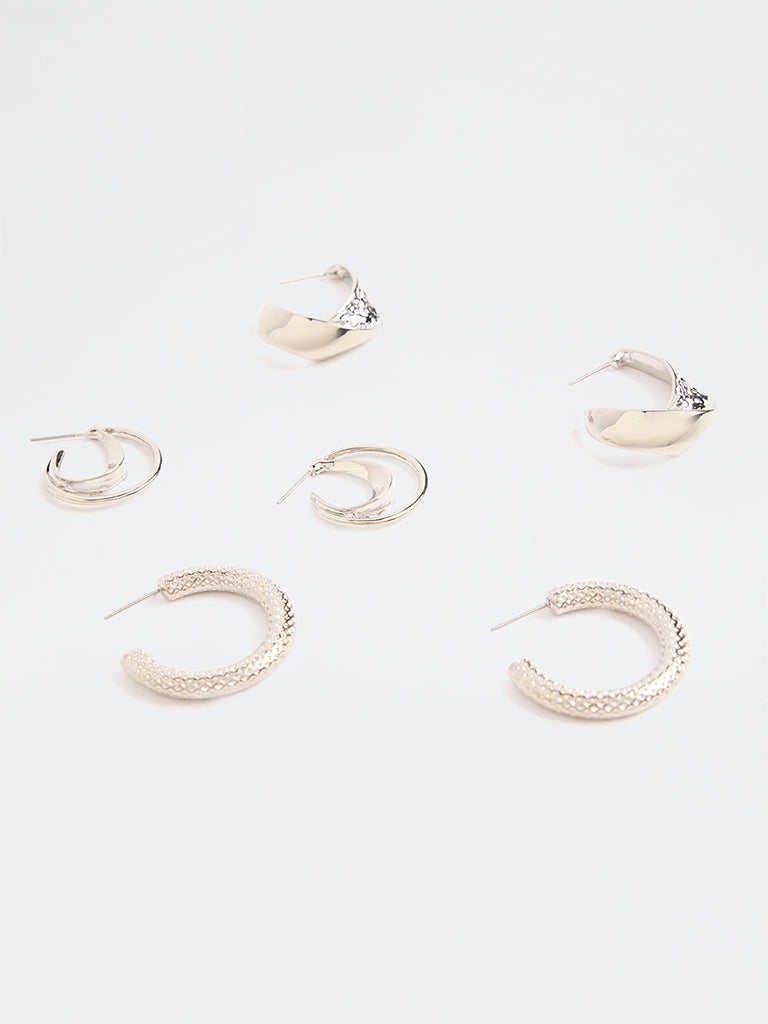 Westside Accessories Silver Textured Hoop Earrings (Pack of 3)