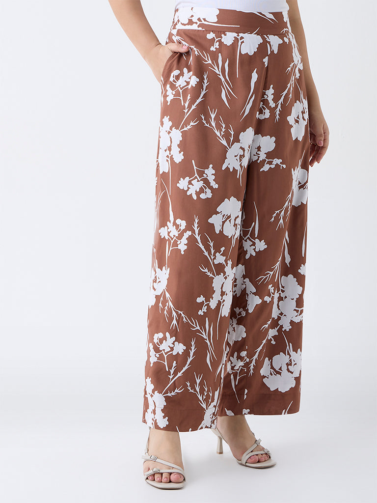 Gia Brown Foliage Design High-Rise Trousers