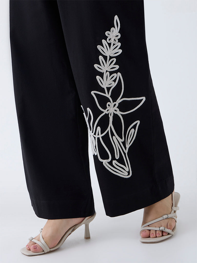 Gia Black Floral Embroidered Cotton-Blend Trousers