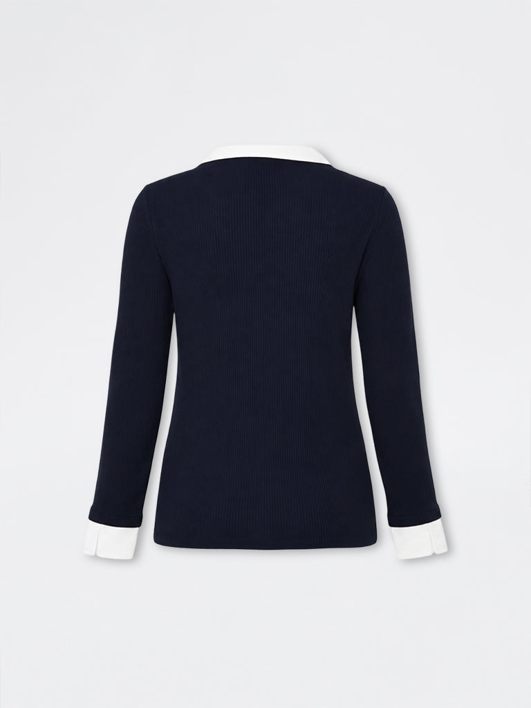 Gia Navy Ribbed Collar-Detail Blouse