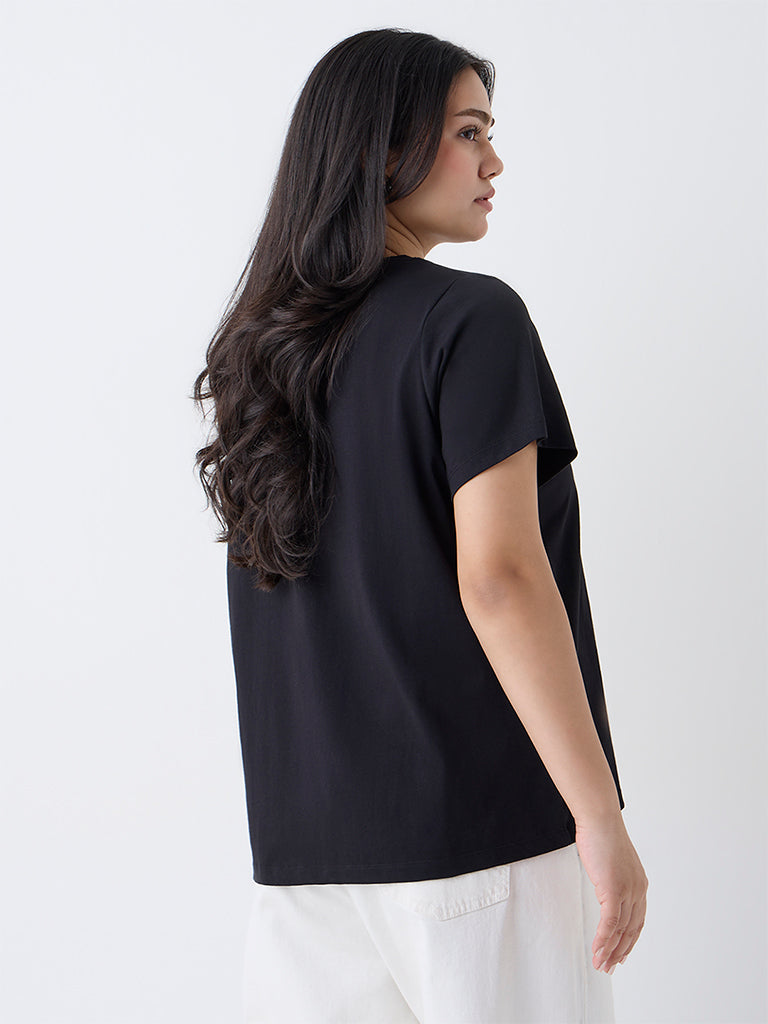 Gia Black Foliage Design Cotton T-Shirt
