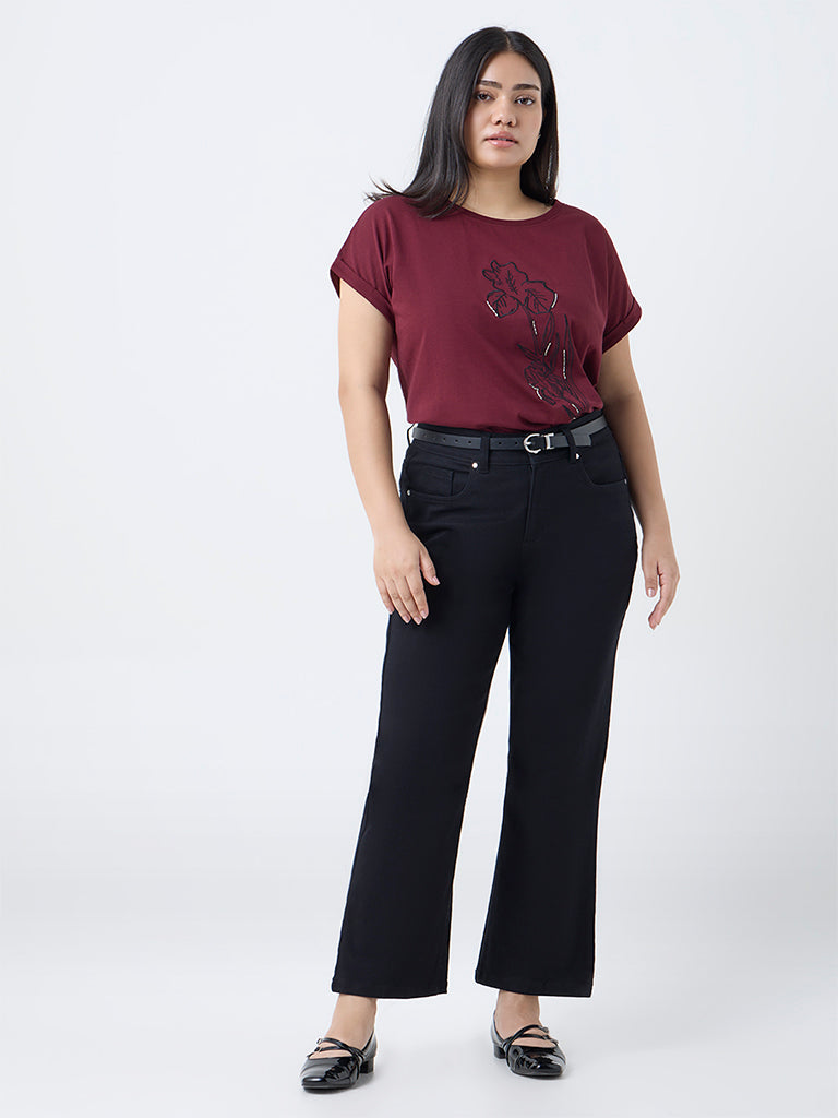 Gia Burgundy Floral Embroidered Cotton T-Shirt