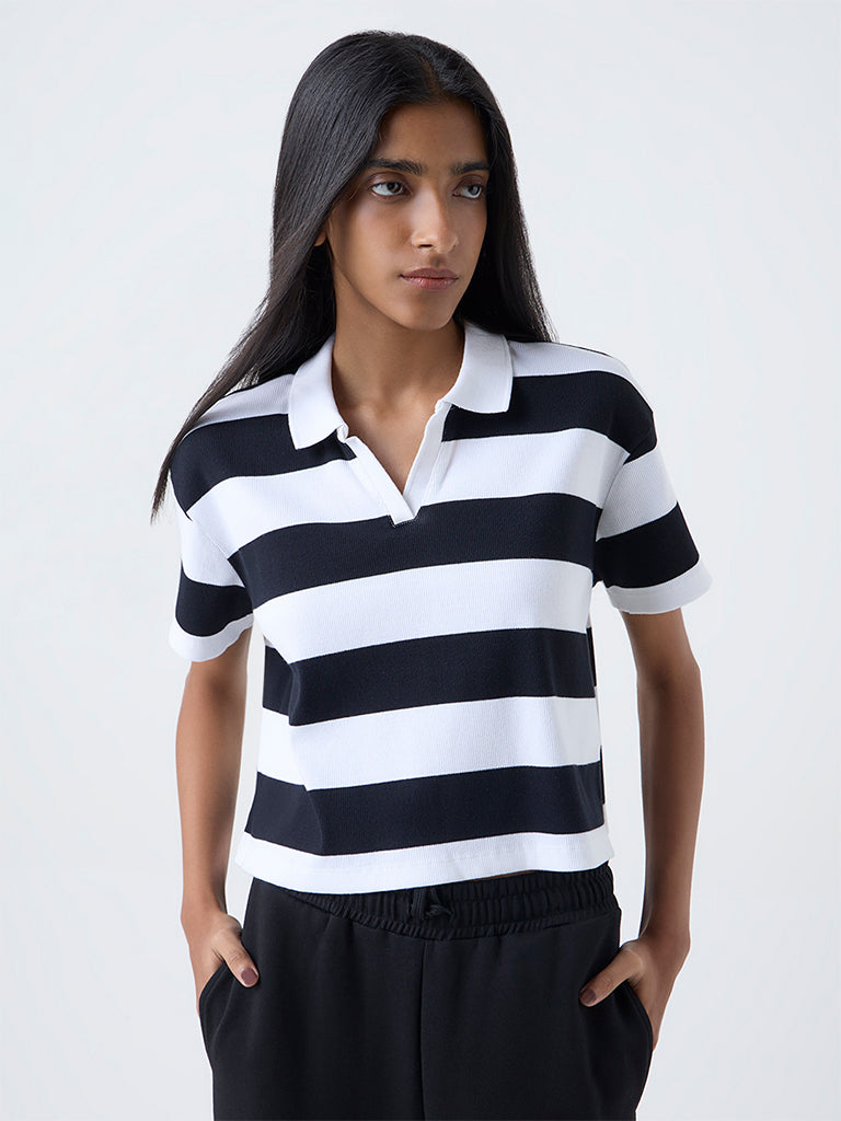 Studiofit White Striped Cotton-Blend T-Shirt