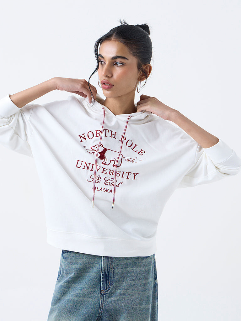 Nuon White Embroidered Cotton Hoodie