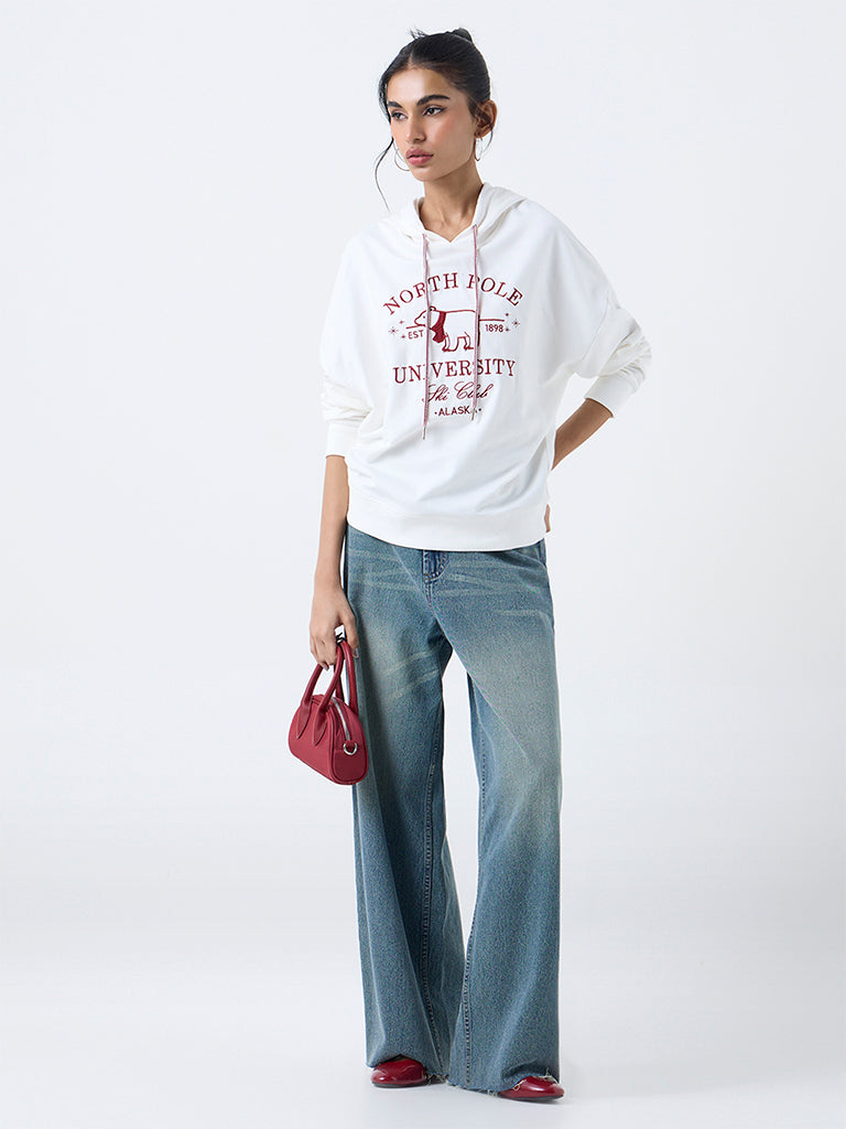 Nuon White Embroidered Cotton Hoodie