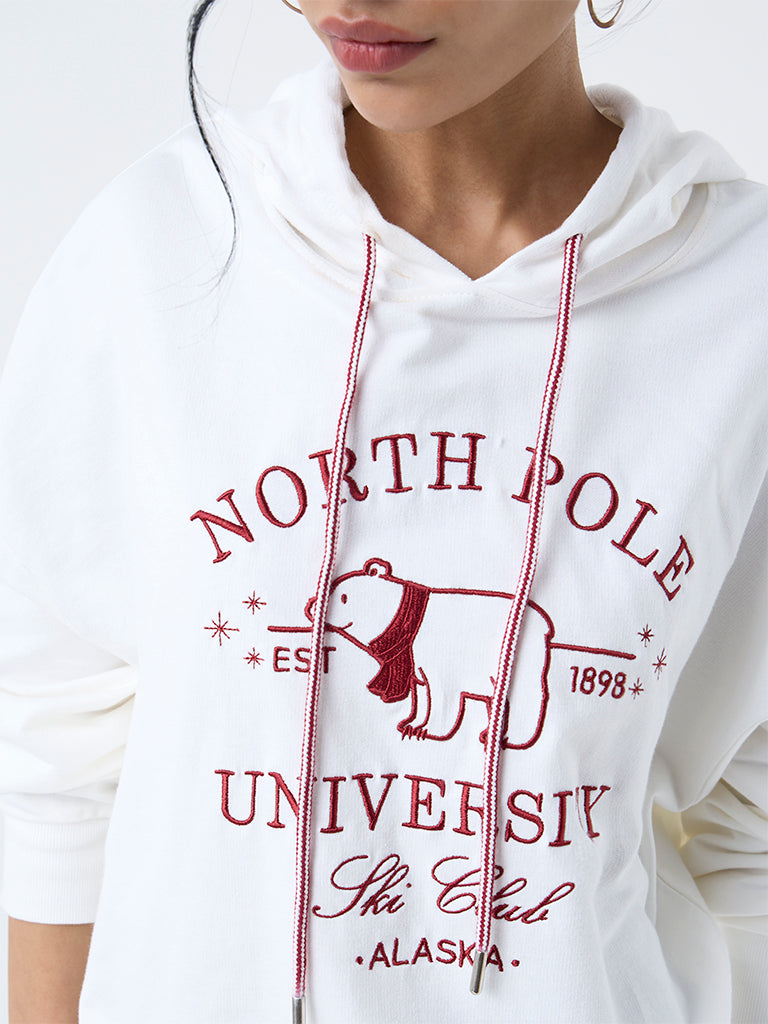 Nuon White Embroidered Cotton Hoodie