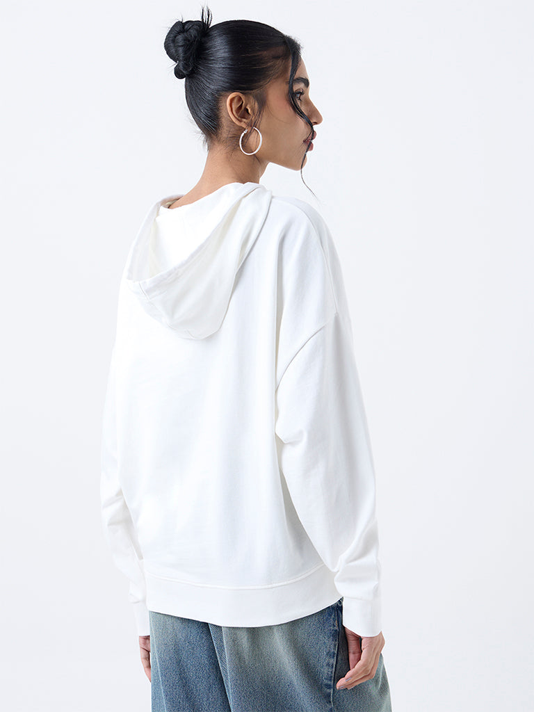 Nuon White Embroidered Cotton Hoodie