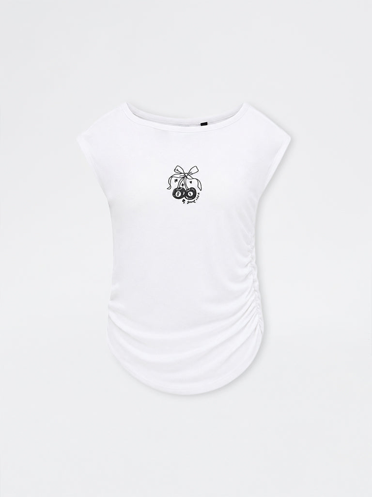 Nuon White Graphic Printed Ruched Top
