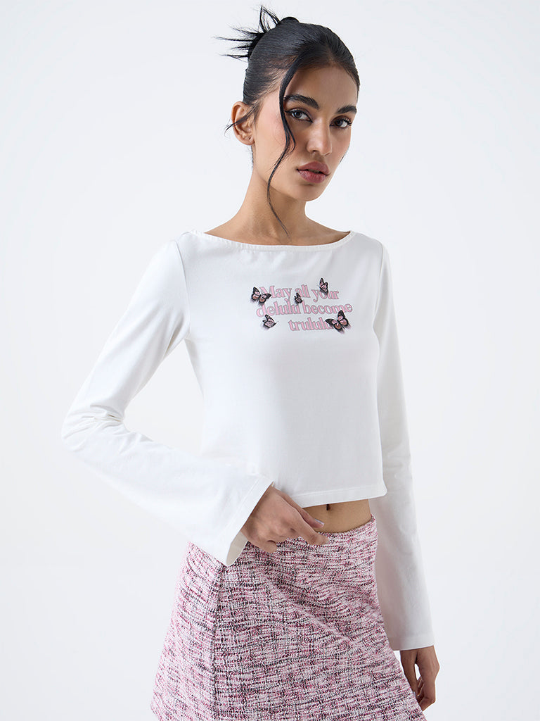 Nuon White Text Pattern Cotton-Blend T-Shirt